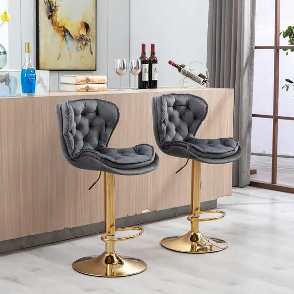 Swivel Bar Stools Set of 2, Height Adjustable, Velvet Seat, Chrome Base, Grey