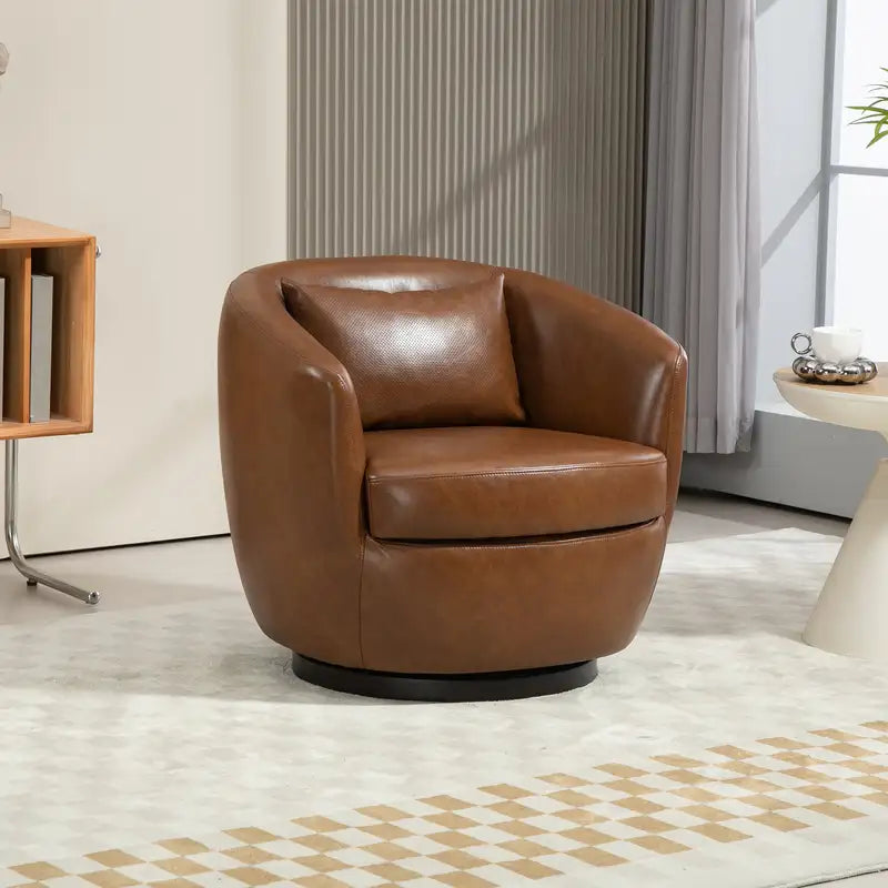 Modern PU Leather Swivel Barrel Chair with Storage - Light Brown