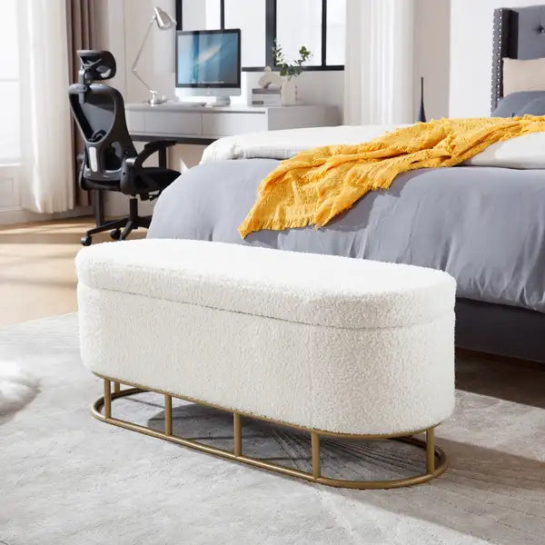 Cream Sherpa Storage Bench - Oval Ottoman with Metal Legs