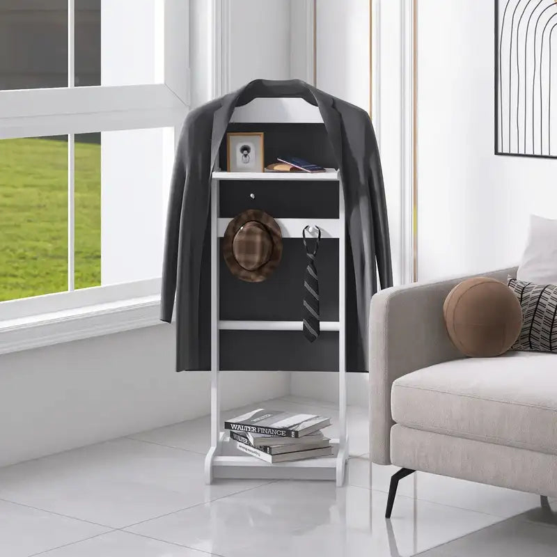 Portable Garment Rack with Storage - White Clothes Valet Stand