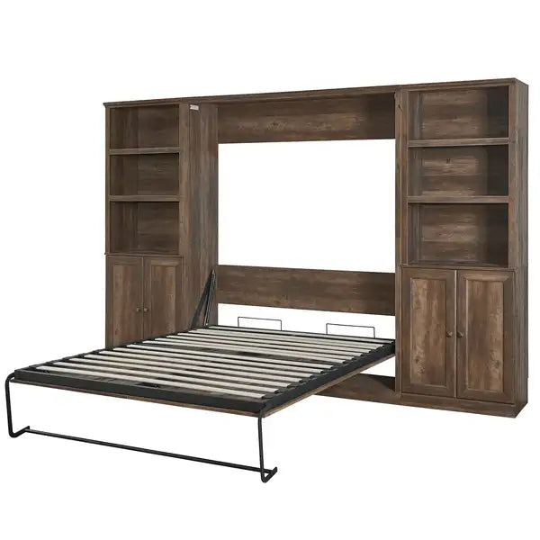 Full Size Murphy Bed with Storage | Space-Saving Cabinet Bed for Guest Room, Home Office (Brown) - Minihomy