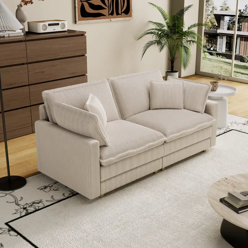 Beige Modular L-Shaped Sectional Sofa with 4 Pillows