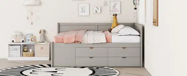 Full Size Daybed with Storage Drawers & Shelves - Gray - Minihomy