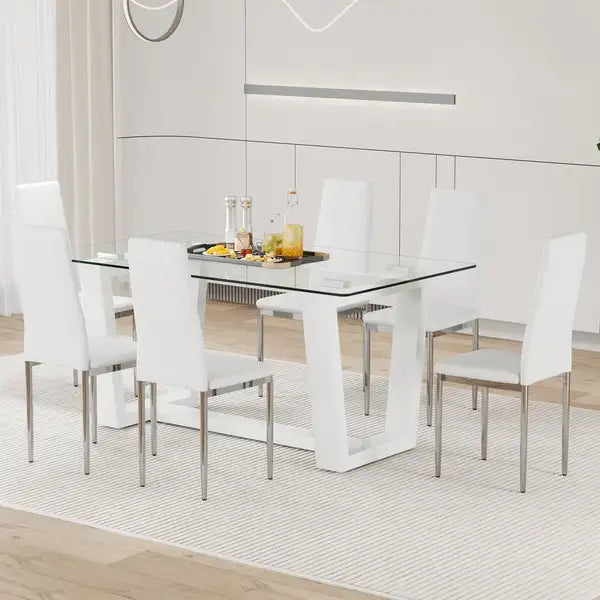 White Dining Table Set with 6 PU Chairs - Tempered Glass Top & Checkered Backrests