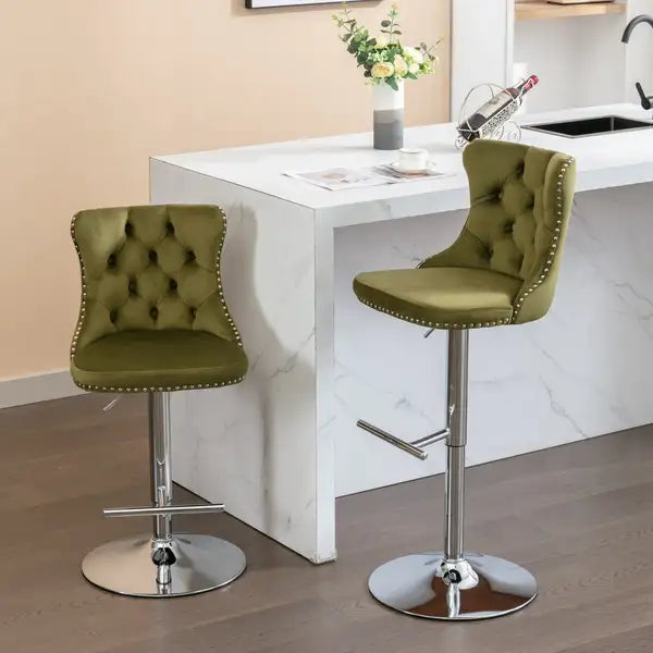 Olive Green Velvet Bar Stools Set of 2, Adjustable Height, Chrome Base with Backs - Tufted Modern Kitchen Counter Stools - Minihomy