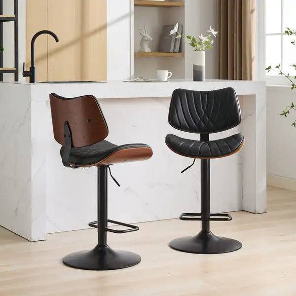 Black Leather Swivel Bar Stools, Mid Century Modern Adjustable Counter Height for Kitchen & Dining Room - 1 Chair - Minihomy