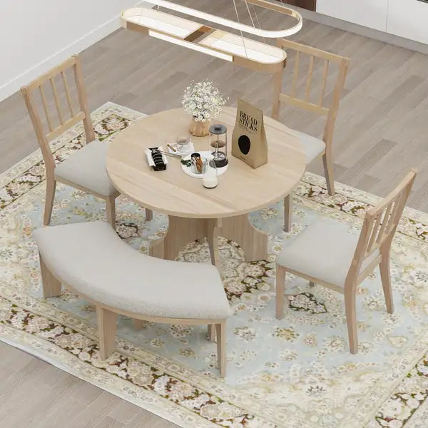 TREXM 5-Piece Round Dining Set with Bench - Natural Wood Wash for 4-5 People