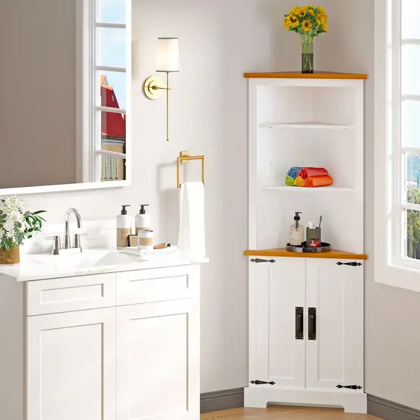 White & Brown Corner Cabinet with Shelves - Bathroom, Kitchen, Bedroom Storage