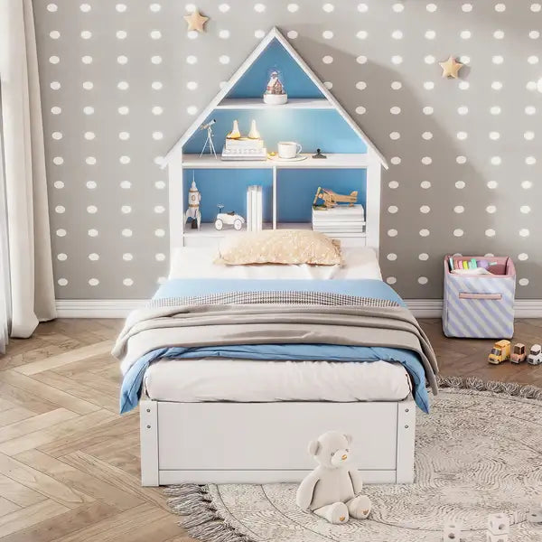 Twin House Bed with Bookcase, LED Light & Trundle - Blue/White for Kids