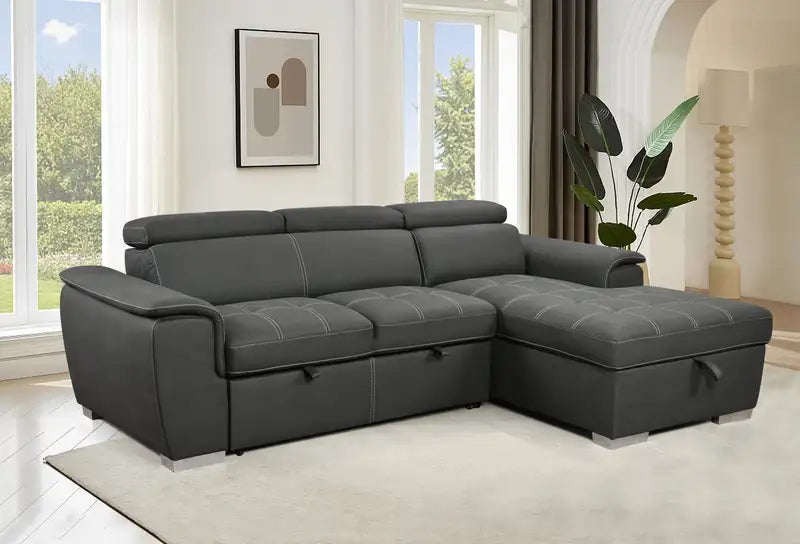 97" Gray Convertible Sectional Sofa with Storage & Pull-Out Bed