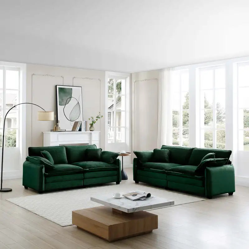 Green Corduroy Sofa Set (2+3 Seater) - Deep Seating for Living Room