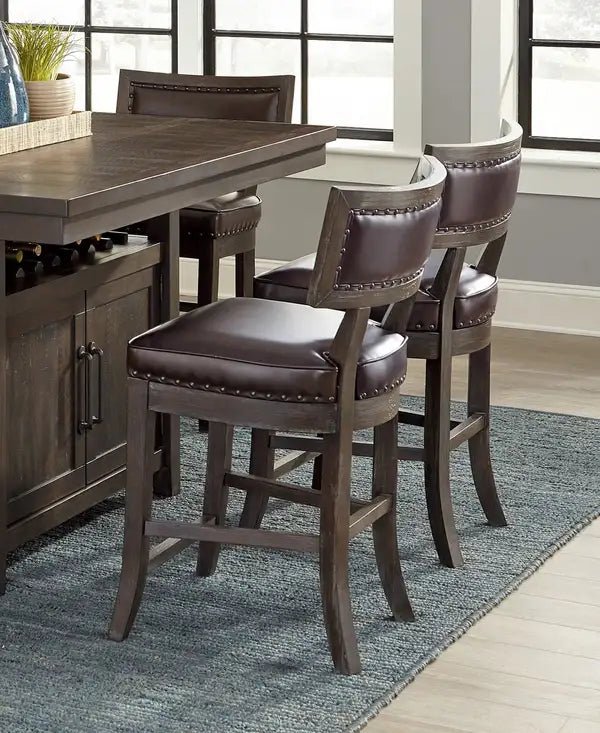 Rustic Dark Cherry Counter Height Dining Chairs Set of 2 - Nailhead Trim, Faux Leather