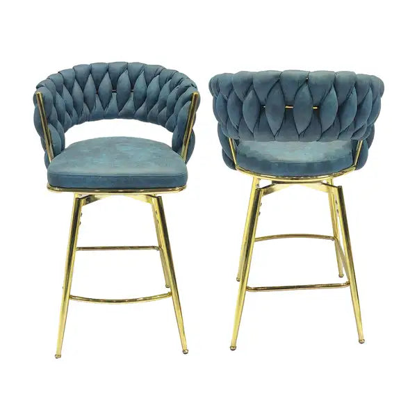 Set of 4 Blue Suede Bar Stools with Golden Legs - Swivel, Backrest & Footrest