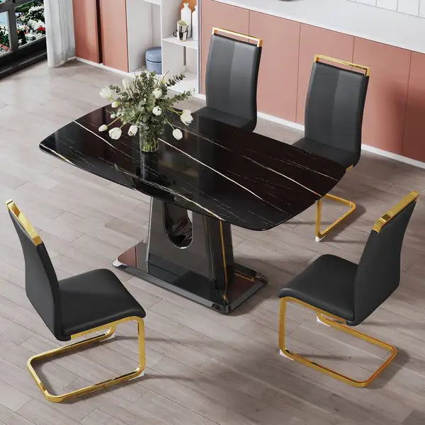 Black Marble Dining Table | Modern Minimalist U-Shaped Legs 63" x 35.4" x 30" - Minihomy