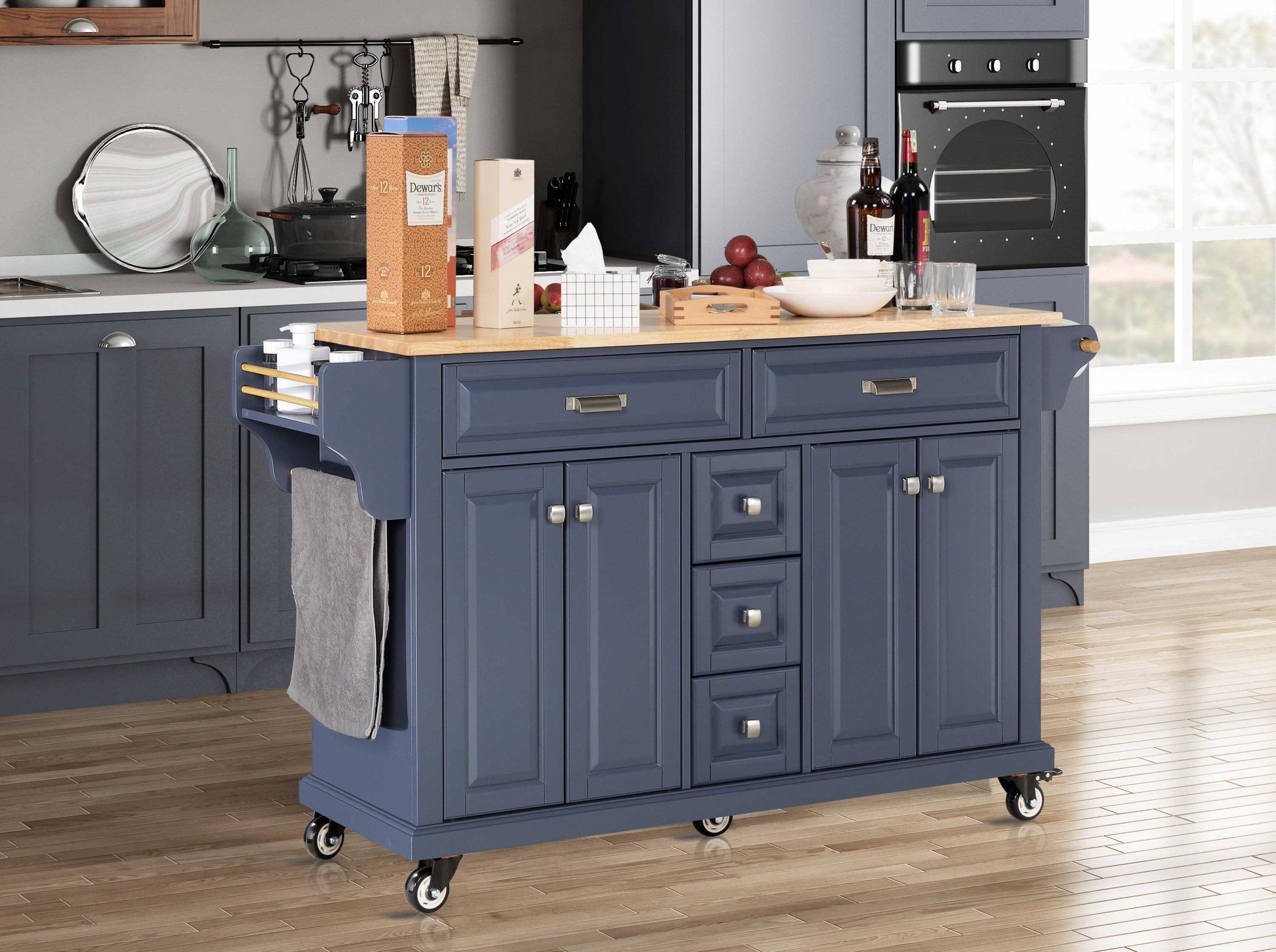 Kitchen Island Cart with Rubberwood Countertop, 5 Drawers & Storage, Blue