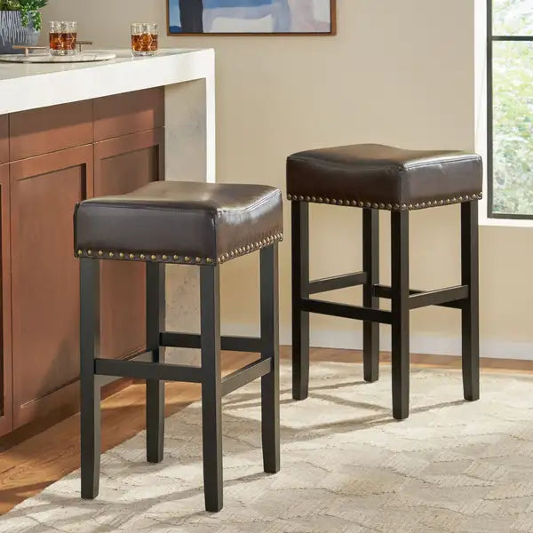 Brown Leather Counter Stools (Set of 2) - 30 Inch Backless - Minihomy