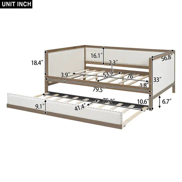 Full Size Upholstered Daybed with Trundle & Nailhead Trim - Wood Finish - Minihomy