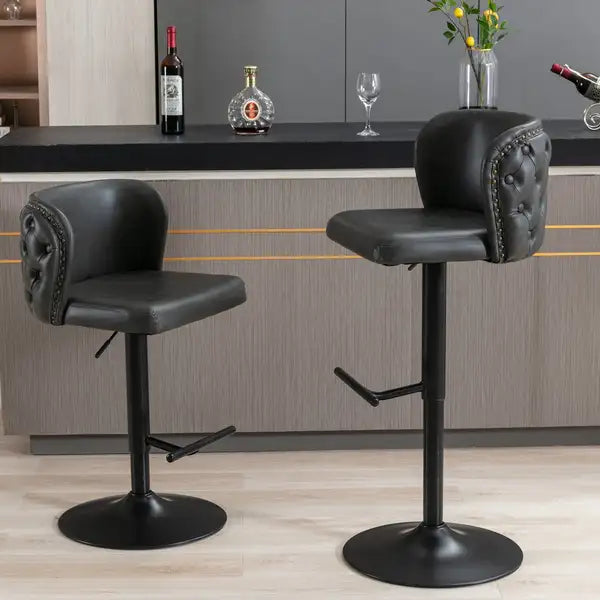 Modern Swivel Bar Stools | Adjustable Height | PU Upholstered | Tufted Back | Dark Gray (Set of 2) - Minihomy