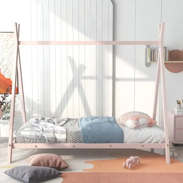 Twin Metal Play House Bed Frame for Kids - No Box Spring Needed - Pink