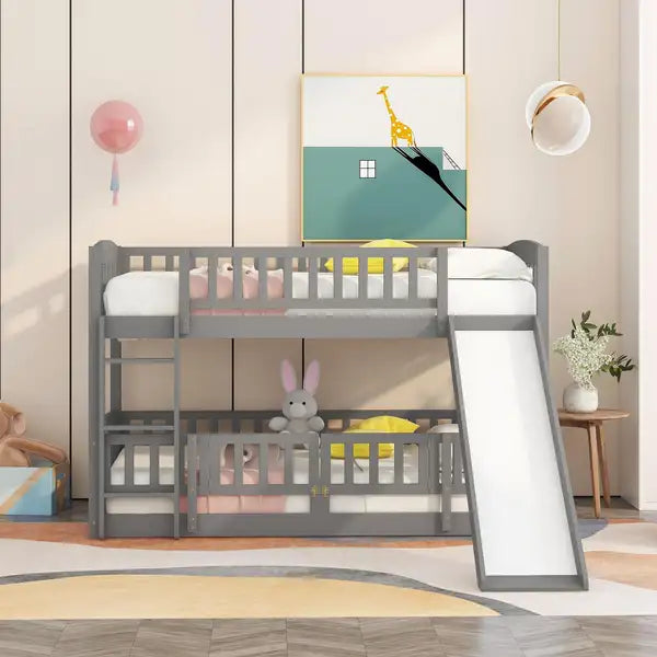 Twin Over Twin Bunk Bed with Slide & Fence - Grey - Kids & Teens