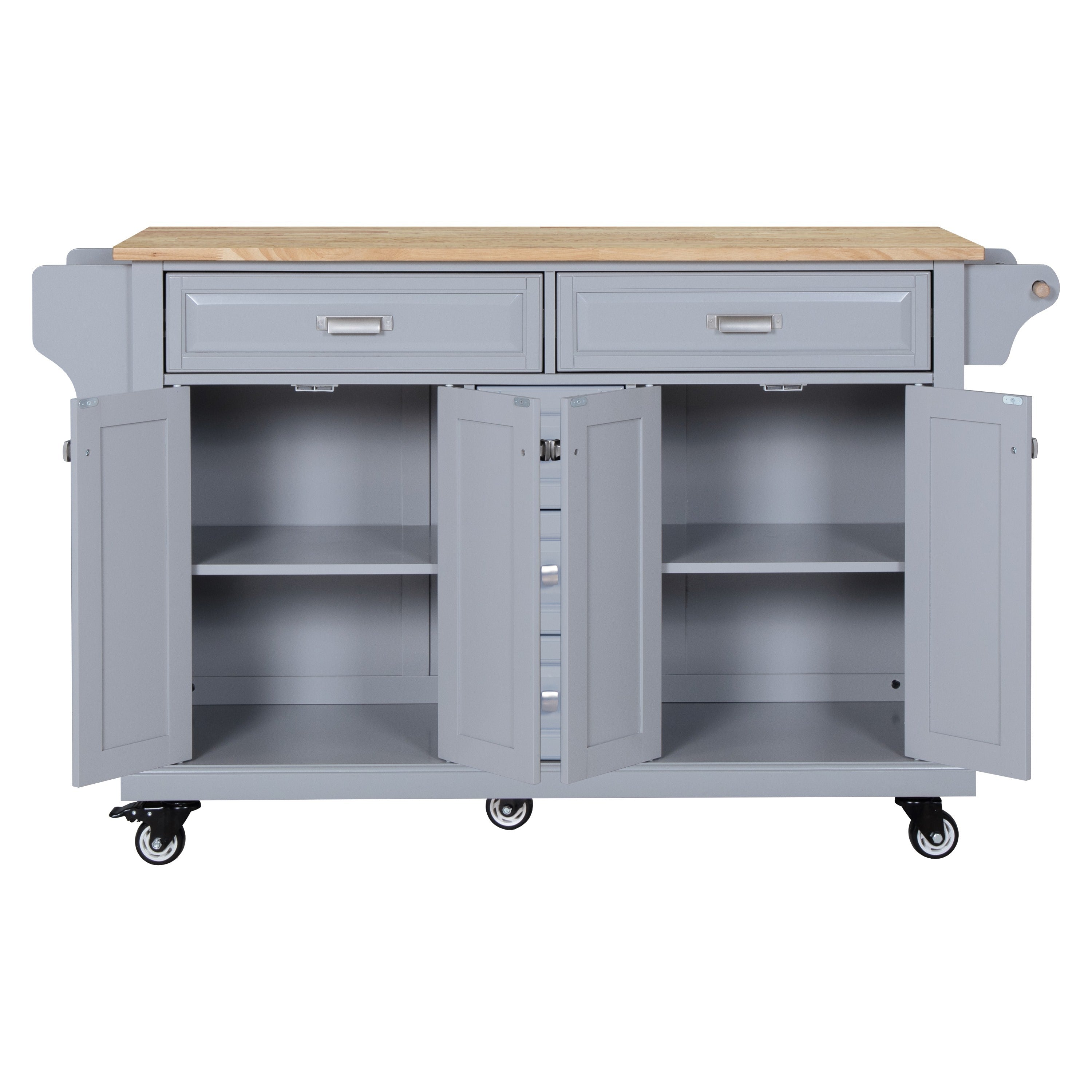 Kitchen Island with Rubberwood Countertop, Storage Cabinet, 5 Drawers, Grey, Rolling Cart