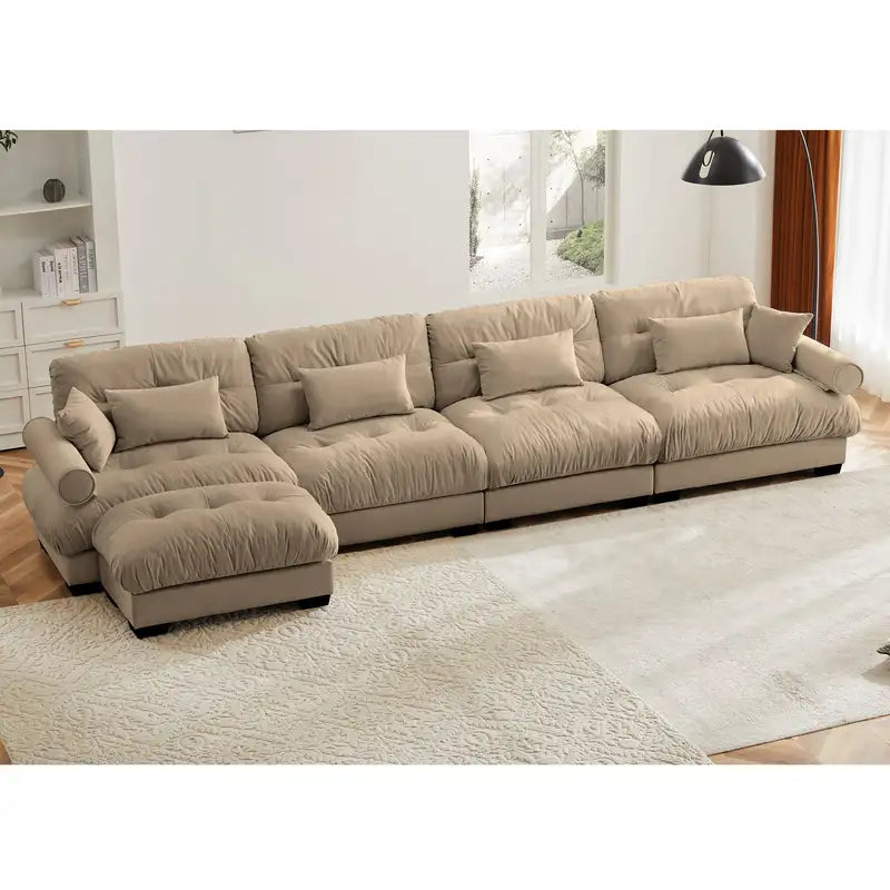 Camel Velvet L-Shaped Sectional Sofa - 4 Seater Modular Couch