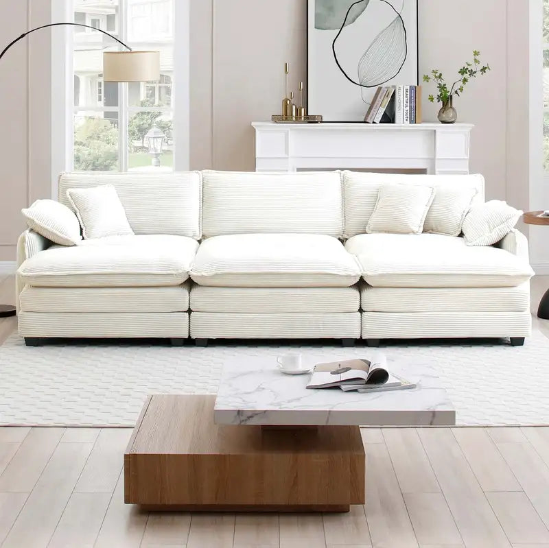 Beige Corduroy Modular Sofa Sleeper w/ 3 Ottomans