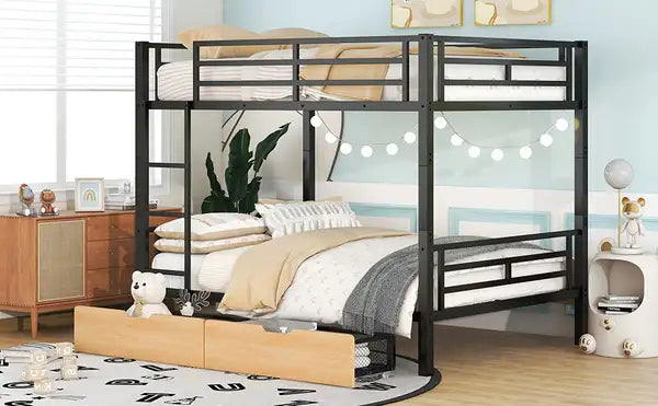 Full Size Metal Convertible Bunk Bed with 2 Drawers - Black - Minihomy