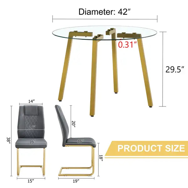 Modern Clear Glass Dining Table Set with Dark Gray PU Leather Chairs - Minihomy