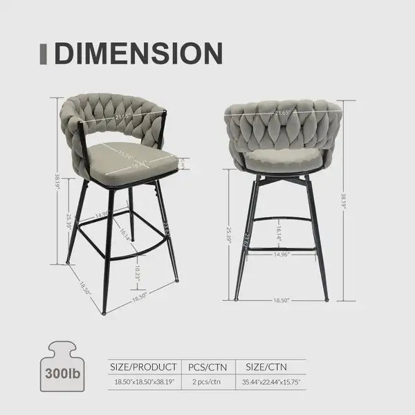 Grey Linen Woven Bar Stools with Backrest, 360 Swivel, Set of 2, Black Legs - Minihomy