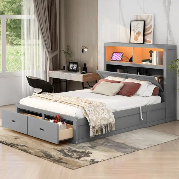 Queen Size Hydraulic Platform Bed with Storage, LED Headboard, Charging Station & Drawers - Gray