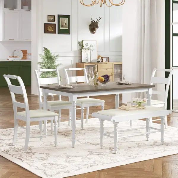 TOPMAX 6-Piece White Dining Set with Turned Legs - Kitchen Table, Chairs & Bench, Retro Style