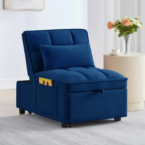 Navy Single Sofa Bed with Storage, Adjustable Backrest & Pillows