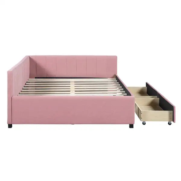 Full Size Upholstered Daybed with Storage Drawers - Linen Fabric (Pink) - Minihomy