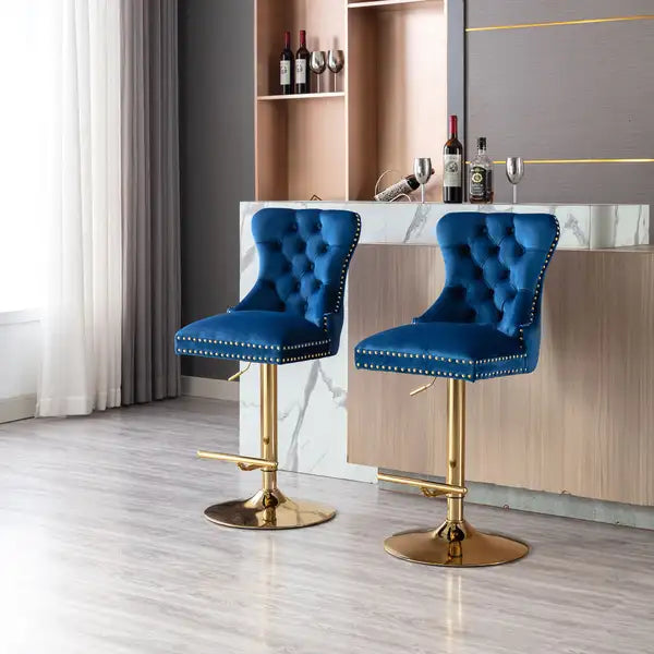 2-Piece Velvet Bar Stools Set | Adjustable Counter Height, Tufted Back, Blue & Gold - Minihomy