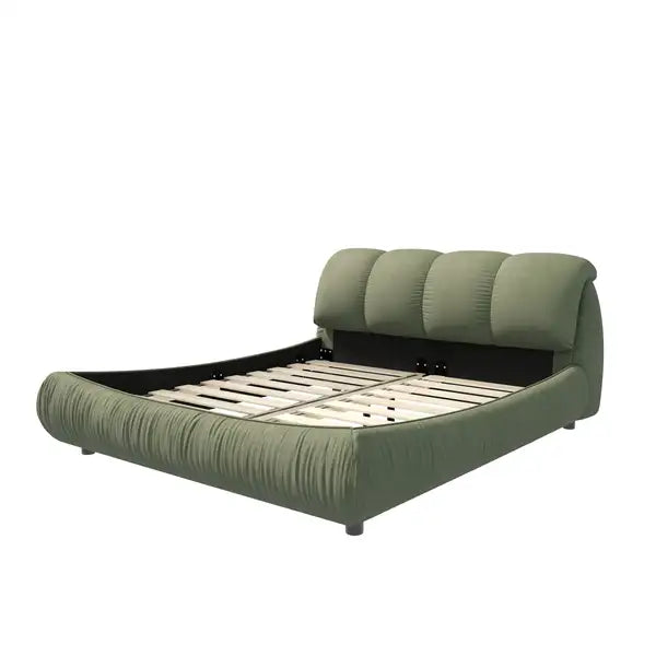 King Size Upholstered Platform Bed with Oversized Padded Backrest - Green - Minihomy