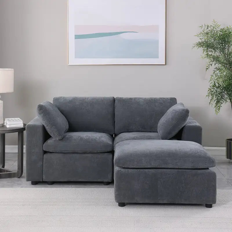 Grey Chenille Modular Sectional Loveseat & Ottoman: Small Space Sofa