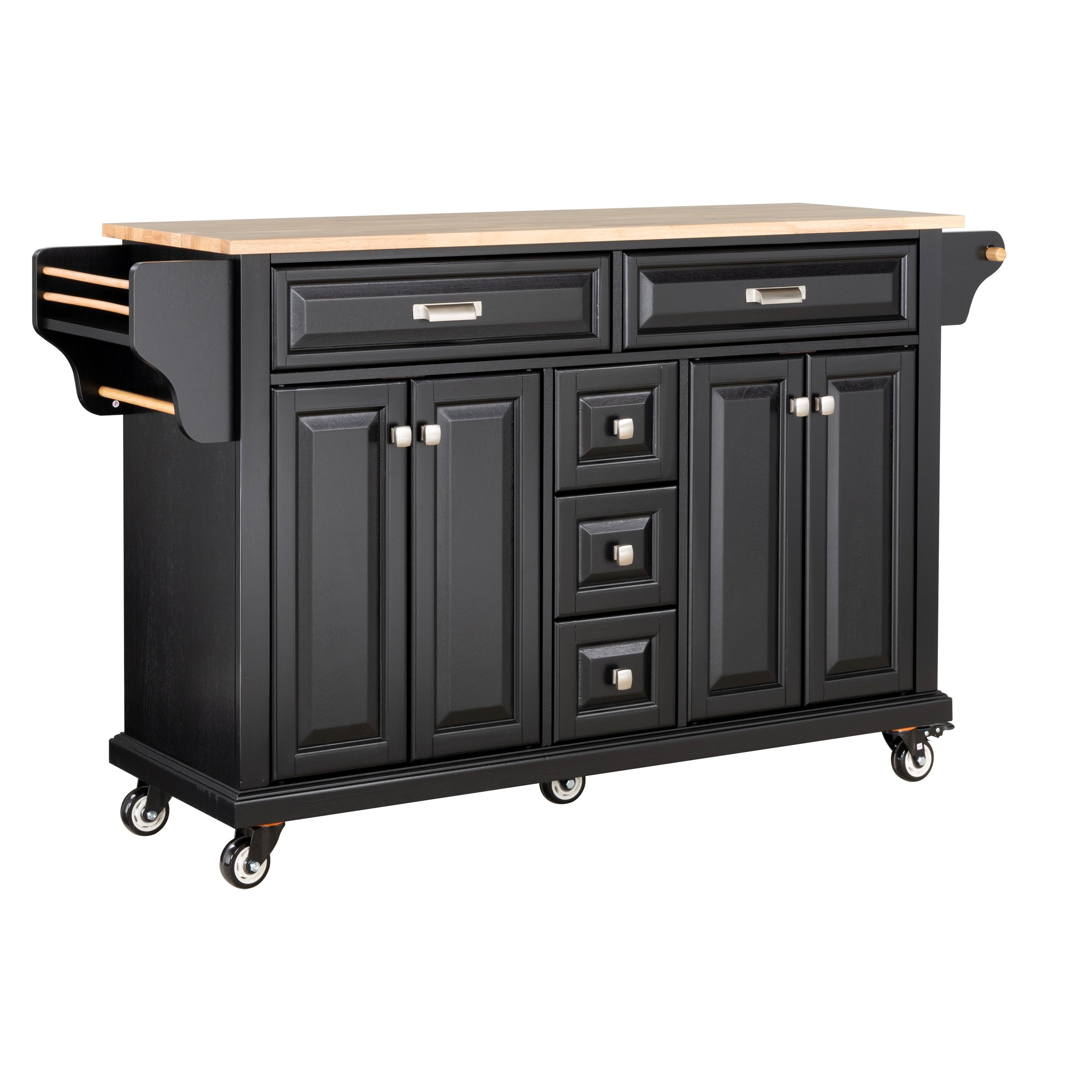 Kitchen Island with Rubberwood Countertop, Storage Cabinet & 5 Drawers, Black, 5 Wheels