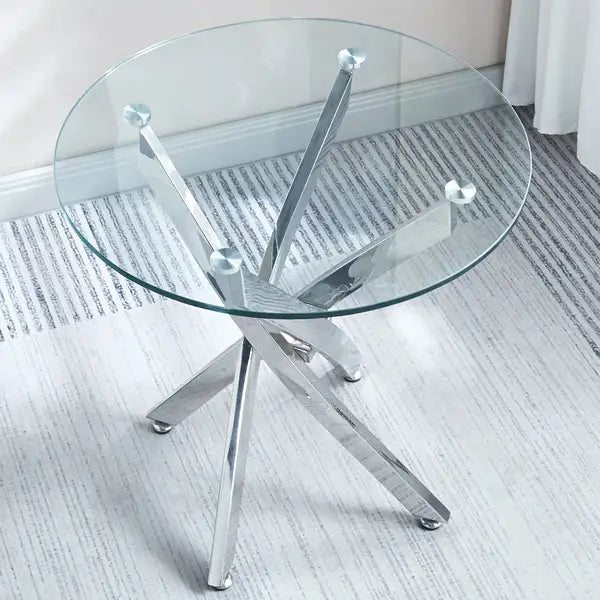 Round Glass End Table - Modern Tempered Glass & Steel Legs