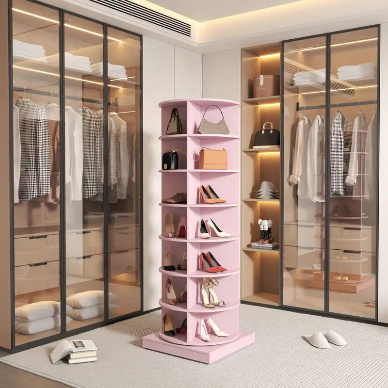 7-Layer 360° Rotating Pink Shoe Cabinet - Holds 28 Pairs