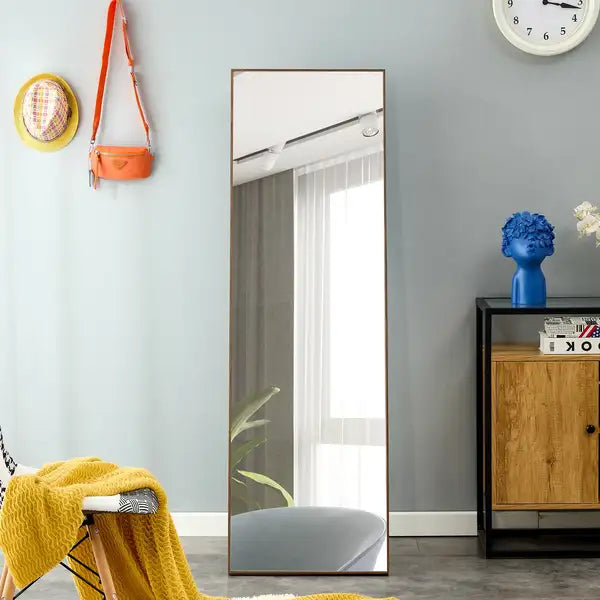 Full Length Mirror, Brown Wood Frame - 63"x19", Floor or Wall Mount, Bedroom, Home, Store - Minihomy