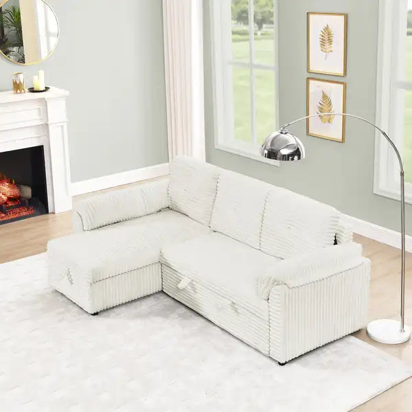 Beige Corduroy Sleeper Sectional Sofa with Storage - L-Shaped Convertible Couch