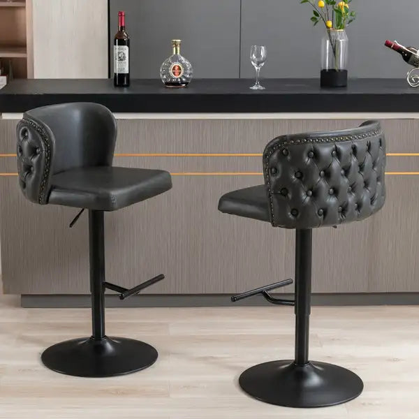 Modern Swivel Bar Stools | Adjustable Height | PU Upholstered | Tufted Back | Dark Gray (Set of 2) - Minihomy