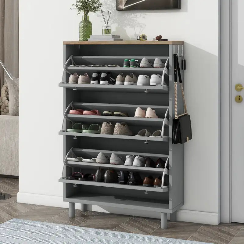 Grey Narrow Shoe Cabinet with 3 Drawers & Hooks - Entryway Organizer