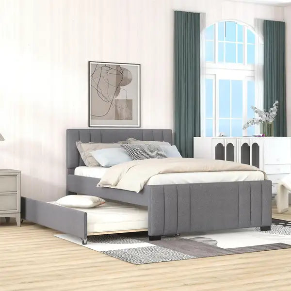 Upholstered Platform Bed with Trundle - Grey