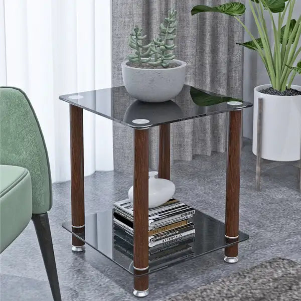 Black Walnut 2-Tier Side Table with Storage - Modern Nightstand & End Table