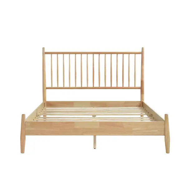 Mid-Century Modern Full Platform Bed | Natural Wood | Vertical Slats Headboard | Bed in a Box - Minihomy