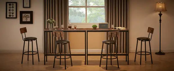 Rustic Brown Bar Table Set with 2 Stools, PU Soft Seat & Backrest, 43.31" L x 15.75" W x 35.43" H