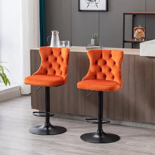 Orange Velvet Bar Stools Set of 2 - Adjustable Height, Tufted Back, Modern Kitchen Island Barstools - Minihomy