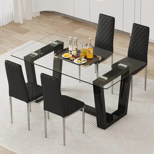 Modern Dining Table and Chair Set - Tempered Glass Top, Black MDF Stand, 4 PU Chairs - Minihomy